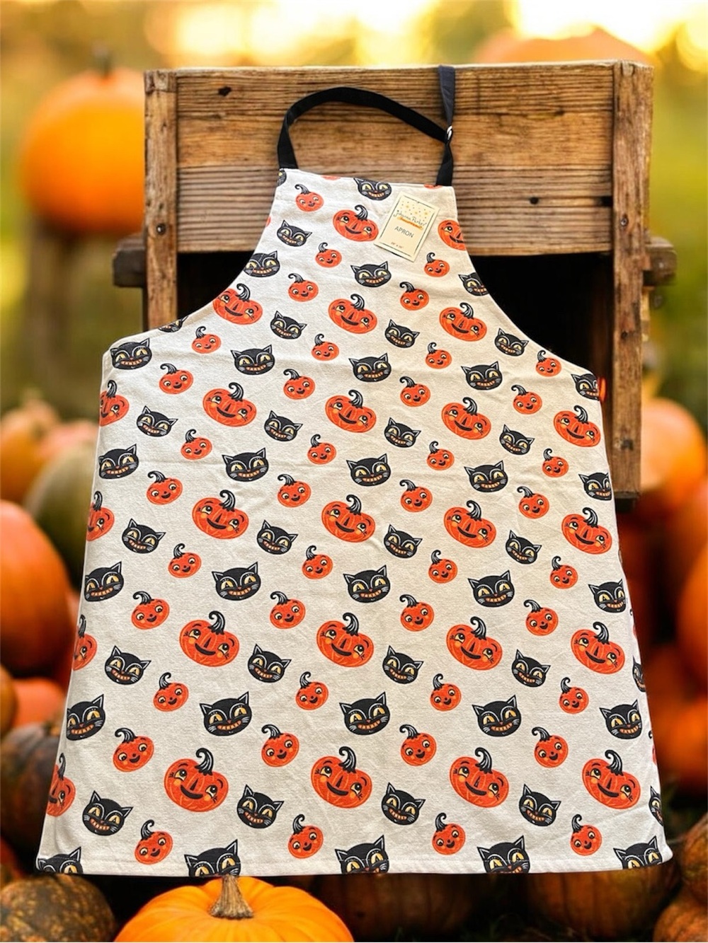 Johanna Parker Vintage Inspired Halloween Apron 🕸️ Pumpkin & Black Cat Print 🐈‍⬛